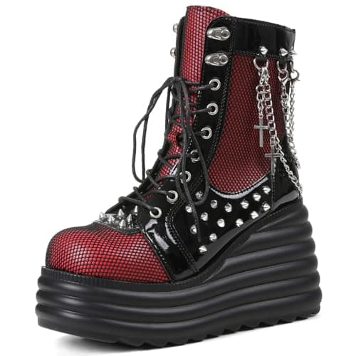 Image of Lyrisiphy Women's Gothic Ankle Boots Black Platform Combat Boots with Punk Chains & Studs Lace Up Wedge Boots for Womens Rave Festivals Halloween, Red, 7.5 UK