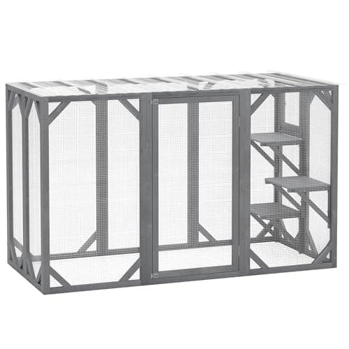 Image of PawHut Wooden Cat House, 71" Catio Outdoor Cat Enclosure with Three Platforms, Large Door and Weather-Resistant Roof, for Multiple Cats, Grey