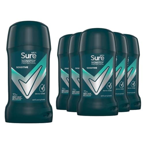 Image of Sure Antiperspirant Deodorant Stick Sensitive 72H Nonstop Sweat and Odour Protection Roll On with Citrusy, Spicy and Woody Scent Deodorant for Men, 50ml Pack of 6