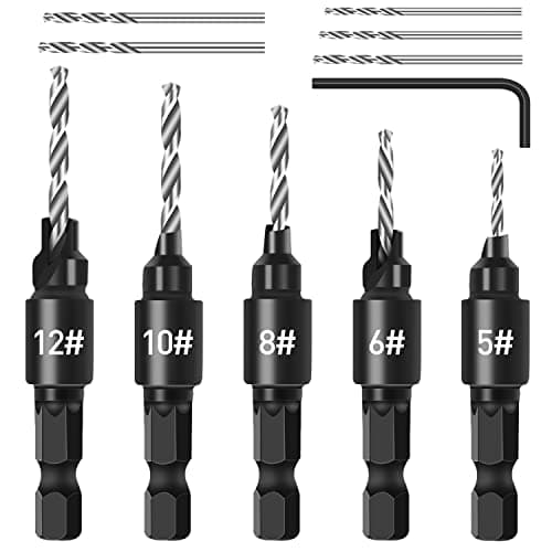 Image of Countersink Drill Bit Set, 5Pcs Quick Change 1/4" Hex Shank Adjustable Countersink Set, 5pcs Free Replaceable Drill Bits with One Hex Wrench, Woodworking Countersink Drill Bits