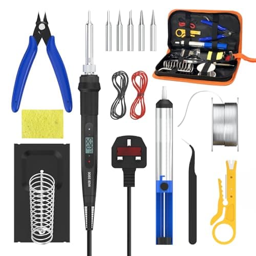 Image of Soldering Iron Kit 80W, 15-in-1 LCD Adjustable Temperature 180-520°C Electric Soldering Iron with 5 Tips, Desoldering Pump, Solder Wire, Wire Stripper, Cutter, Stand, Tweezers & Case