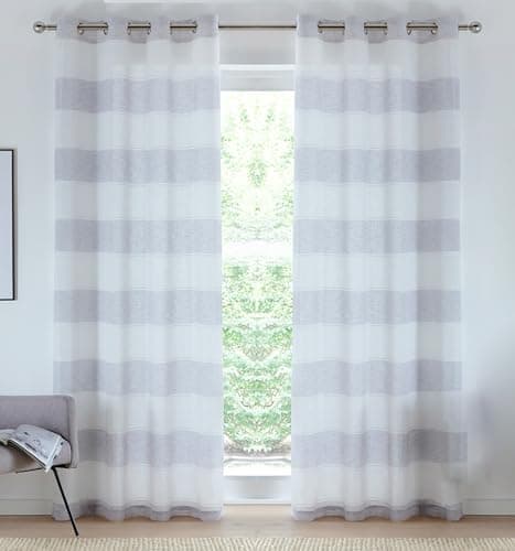 Image of Tyrone Textiles Pair of Santorini Grey Modern Linen Look Striped Sheer Voile Panels 183 CM with Eyelet Header