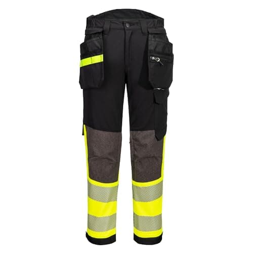 Image of Portwest EV442 EV4 Hi-Vis Stretch Water Resistant Work Trousers with Detachable Holster Pocket - Reflective Breathable High Visibility Workwear, Yellow/Black, 36