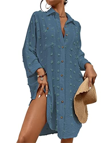 Image of Bsubseach Swimsuit Coverup for Women Bathing Suit Blouse Button Down Shirt Dresses Swiss Dot Grey Blue