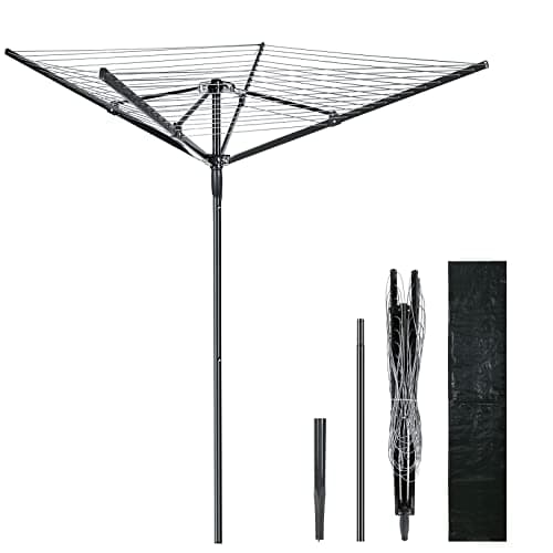 Image of Vivo Technologies 4 Arm 50M Rotary Washing Line Heavy Duty Clothes Airer Dryer for Outdoor & Garden, Folding Large Rotary Clothes Line with Metal Ground Spike and Cover, Black