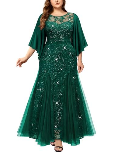 Image of MISSMAY Women's Plus Size Elegant Butterfly Sleeve Chiffon Floral Sequin Lace Contrast Mesh Mermaid Hem Evening Party Long Dress (3XL, Dark Green)