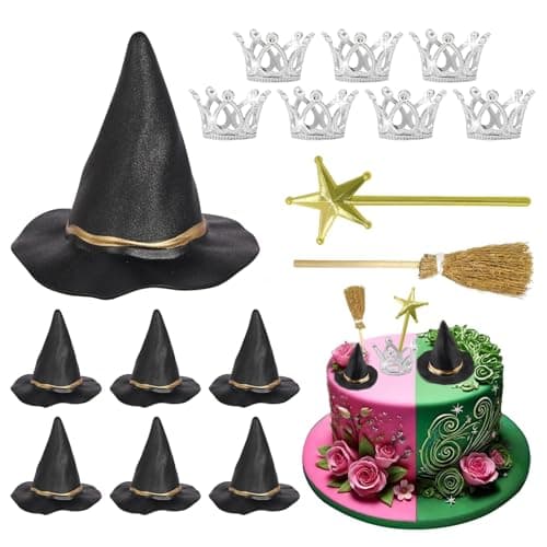 Image of Witch Cake Toppers Set, Wizard & Halloween Cake Decorations with Mini Witch Hats Princess Crowns Magic Wand Broom, Cupcake Toppers for Birthday Party Dessert Table Decorations