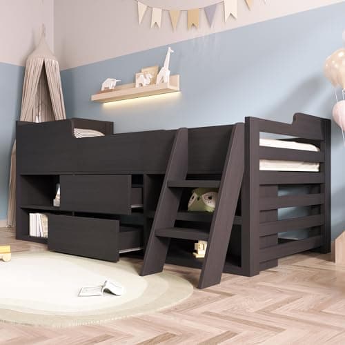 Image of Merax Kids Bed Frame - Wooden Storage Toddler Bed with Drawers & Shelf Ladder - Mid Sleeper Bed - 3ft Single, 90 x 190 cm, Taupe