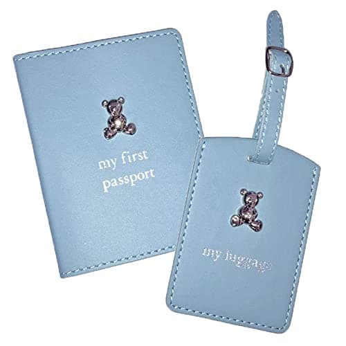 Image of Widdle Gifts Baby's My First Passport Cover and Luggage Tag Set Teddy Bear Design (Boys Blue 4975)