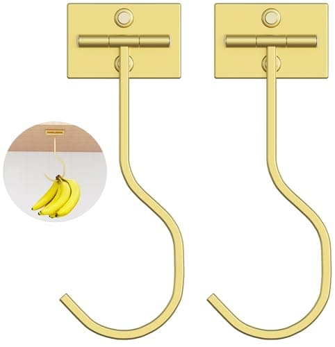 Image of 2-Pack Self Adhesive Banana Hook, Metal Banana Hanger Hook,Under Cabinet Hook for Bananas Or Other Kitchen Items, Foldable Banana Hook, Folds Up with Magnets When Not in Use, Keep Bananas Fresh,Gold