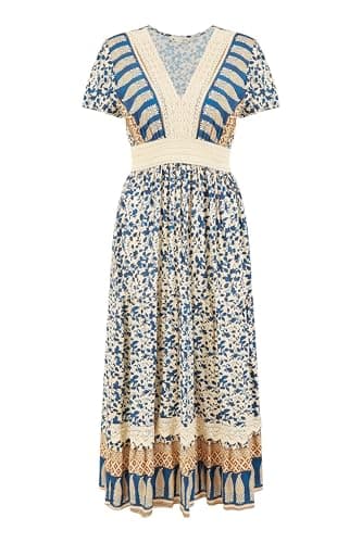 Image of Yumi Navy Viscose Leaf Print Maxi Dress with Lace Trim (UK, Numeric, 14, Regular, Regular, Blue)