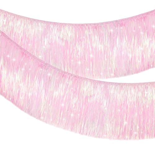 Image of G2PLUS 1.5m Iridescent Pink Fringe Garland, 20cm Tinsel Fringing, Tinsel Fringe Garland, Shiny Backdrop Party Streamers for Birthday Wedding Prom Decoration