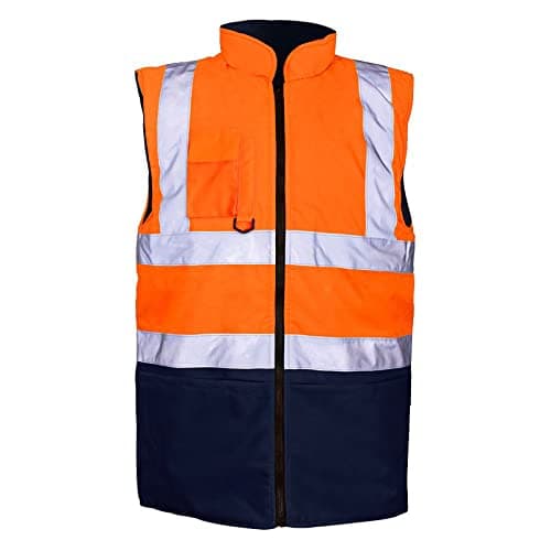 Image of Hi Vis Viz Bodywarmer Fleece Lined Reversible Safety Gilet Waistcoat Waterproof High Visibility Reflective Workwear Vest for Men Security Outdoor Work Jacket Orange Navy XL
