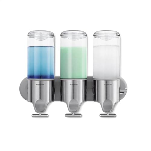 Image of simplehuman BT1029 444ml Triple Wall Mounted Soap Dispenser Pump for Soap, Shampoo, Conditioner, Shower Gel, Suitable for Bathroom, Easy to Install, Rustproof, Brushed Stainless Steel
