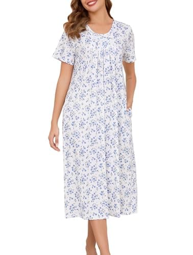 Image of Vlazom Women's Long Nightgown Pleated Casual Nightdress Short Sleeve Soft Nighties Nightwear with Pockets,Cobalt Blue Flower,XL