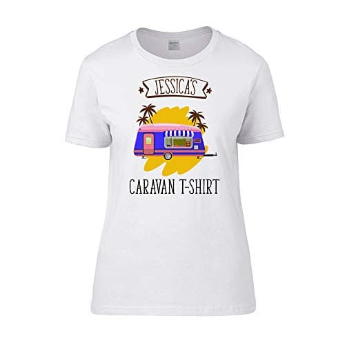 Image of Getagift Personalised with Any Name Caravan Black & White Colour Women Short Sleeve Cotton T-Shirt, Present for Her, Happy Campers, Friend, Family, Birthday, Vacation, Holiday. (White, S)