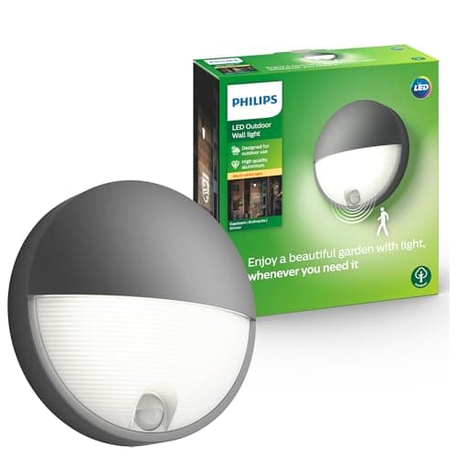 Image of Philips Capricorn LED Outdoor Wall Light, 5.5W, 700 lm, 2,700 K Warm White Light, IP44 Weather-Resistant, Infrared Motion Sensor, Built-in LED, Durable, Aluminium, Anthracite Grey