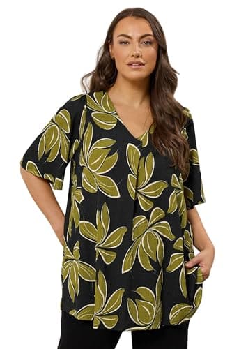 Image of EVANS Curve Leaf Print Pleat Front Swing Top - Women's - Plus Size Curve Black