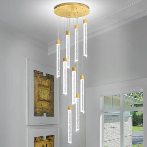 Image of IDEQUY Modern 9-Lights Gold Crystal Column Chandeliers for Entrance Dimmable LED Pendant Lighting Hanging Lights for Dining Room Bedroom Foyer Staircase Living Room