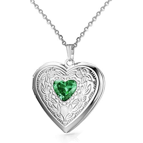 Image of Birthstones Locket Necklace that Holds Pictures Love Heart Photo Locket Crystals Necklace Pendant Birthday Gifts (May)