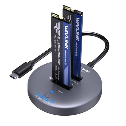 Image of WAVLINK M.2 NVMe SSD Cloner, 10G Dual-Bay NVMe to USB-C/A Docking Station, Supports One-Click Offline Clone, 2x8TB Capacity, UASP, Tool & Driver-Free, Design for SSDs in Size 2230/2242/2260/2280/22110