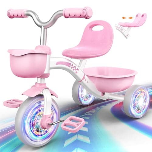 Image of HappyGoLucky Pink Tricycles Toys for 2-5 Year Old Girls Gifts, Balance Bike 2-5 Year Old with 3 Colorful Lighting Wheels & Adjustable Seat, Baby Toddler Cycle Trikes Bike Girls Easter Toys for Kids