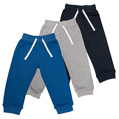 Image of Lovjoy 3-Pack Toddler Kids Joggers Tracksuit Bottoms for Boys - Soft Cotton Trousers - Elastic Waist & Adjustable Drawstrings - 1-4 Years (Blue, Grey, Navy)