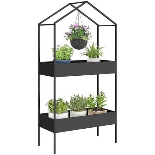 Image of Outsunny 2 Tier Plant Stand, Outdoor Indoor Metal Plant Stand with Hook, House-Shaped Pots Holder Display Rack for Garden, Patio, Balcony, Living Room, Black