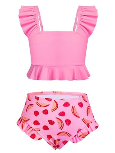 Image of XiaoMoSha Swimming Costume Girls Bikini Set Two Piece Swimsuit with Adjustable Straps Bathing Suit Swimwear for Girls, 9-10 Years, Pink Strawberry