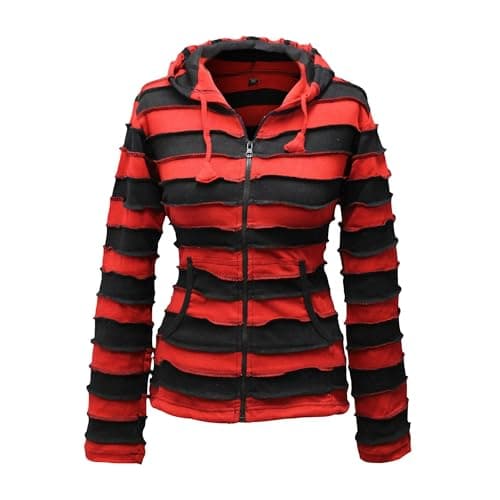 Image of SHOPOHOLIC FASHION Women Outstitched Stripy Rib Pixie Hoodie, (Red Black/M)