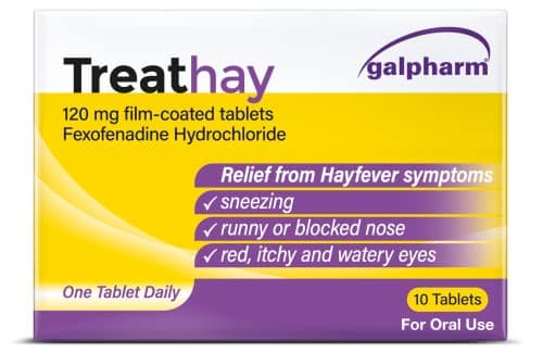 Image of Galpharm Treathay Hayfever Relief Fexofenadine Hydrochloride Tablets 120mg, Up to 24hrs Relief from Hayfever, Sneezing, Itchy Eyes and Runny Noses, 10 Tablets