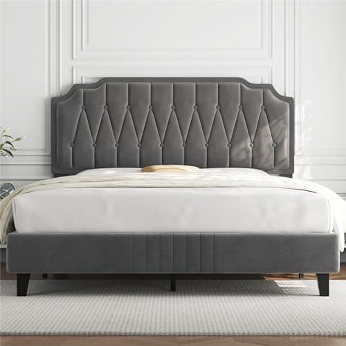 Image of Yaheetech 5ft King Bed Frame Upholstered Platform Bed with Adjustable Button Tufted Headboard/Velvet Fabric/Sturdy Wooden Slat Support/No Box Spring Needed, Dark Grey King Bed