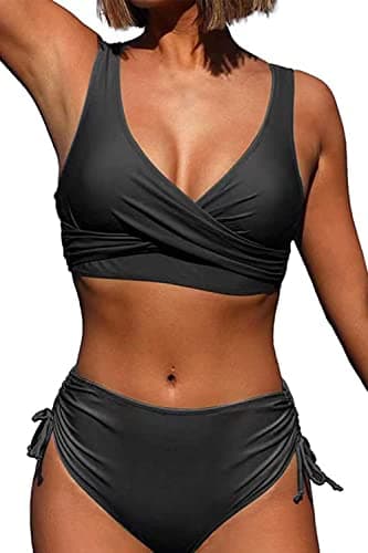 Image of CheChury Womens High Waisted Bikini Set Sexy Push Up Crop Top Swimsuit Criss Cross Swimwear Cross Wrap 2 Piece Bathing Suit Black