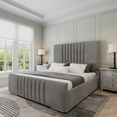 Image of Furnishion Havana Single Bed Frame 3ft, Modern Plush Velvet Panelled Design, Luxury Wooden Beds Frame for Bedroom, Durable, Stylish & Comfortable Bed Frame Single in Grey Plush