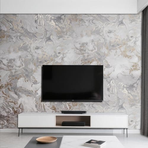 Image of Anttyscar Marble Silver Gold Wallpaper for Living Room, Feature Metallic Marble Effect, Silver Gold Embossed Modern Glitter Textured Wallpaper, for Bedroom, Hallway and Stairs