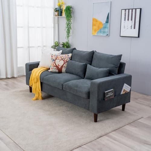 Image of Panana 3 Seater Sofa Linen Fabric Sofa Settee Couch Lounge Sofa Living Room Furniture Wood Legs, Grey 3 Seater