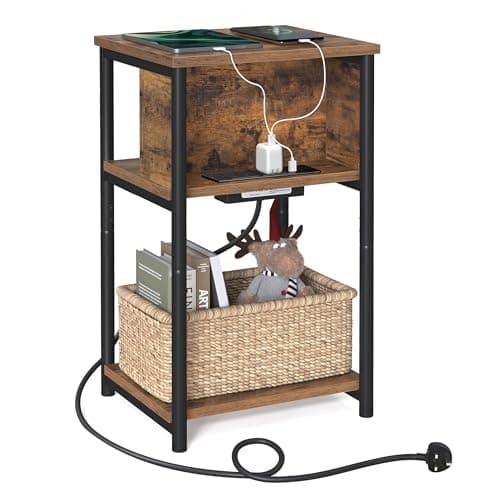 Image of VASAGLE Slim Side Table with Charging Station, Narrow Bedside Table with 2 AC Outlets 2 USB Outlets, 30 x 34 x 58 cm, for Living Room, Bedroom, Rustic Brown and Black LET374B01