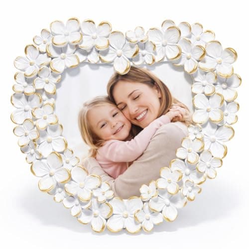 Image of ZAWUU Heart Photo Frame for 3.2x3.2 inch Photos, White Floral Picture Frame with Gold Accents, Shabby Chic Home Decor, Acrylic Front, 8x8 cm