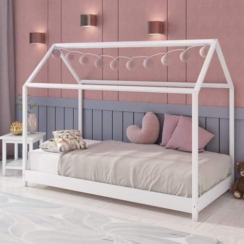 Image of Panana Wooden Kids House Bed Frame, Solid Pine WoodTreehouse Style Childrens Floor Bed Frame for Toddlers and Children (White)