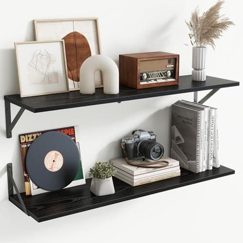 Image of Acovy 20cm Deep Floating Shelves for Wall,90cm Wall Mounted Shelves Set of 2,Wall Storage Floating Shelf with Sturdy Metal Brackets for Living Room,Bathroom,Kitchen,Office,Black