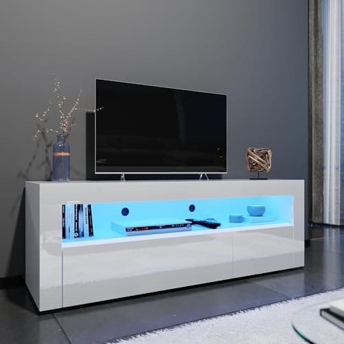 Image of ELEGANT 1200mm LED TV Cabinet Modern White Gloss TV Stand with Ambient Lights for Living Room and Bedroom with Storage Furniture for 32 40 43 50 inch 4k TV