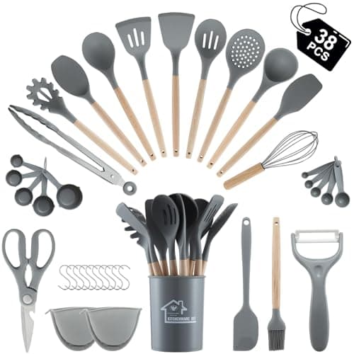Image of 38 Pieces Kitchen Utensils Set, BEWOS Silicone Cooking Utensils Set with Spatula, Utensil Holder and Measuring Spoons, Nonstick Heat Resistant, Grey Kitchen Gadgets, Wooden Handle