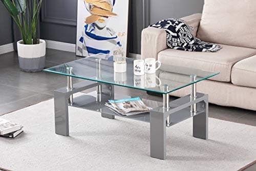 Image of Furnizone UK Cosmo Clear Glass Top with Grey Glass Shelf & Grey High Gloss Legs Modern Coffee Table Home Living Room
