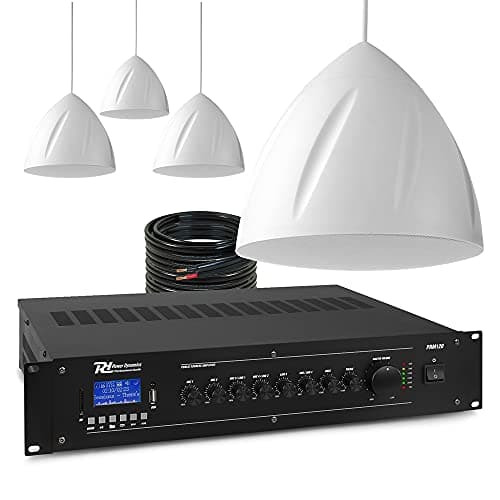 Image of Power Dynamics Hanging Pendant Speaker System with Amplifier - 4 x 5.25" White 100V PA Audio Kit for Warehouse, Restaurants, Retail, Churches - Bluetooth Mixer, Commercial Sound Installation