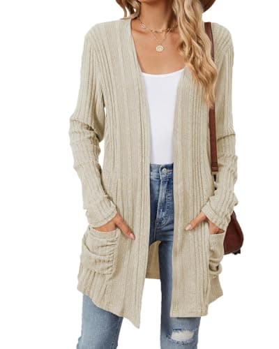 Image of Famulily Rib Knitted Long Comfy Cardigans for Women, Open Front Sweater Cardigans for Ladies with Pockets (XXL, Beige)