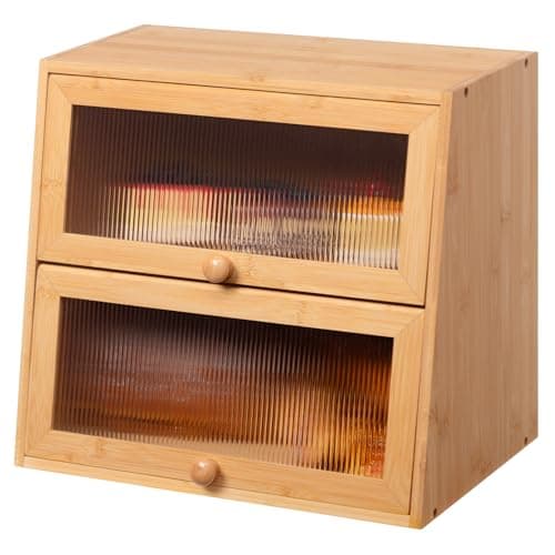 Image of HollyHOME 2-Layer Bamboo Bread Bin with Acrylic Striped Window,Countertop Double Decker Large Capacity Bread Storage Box for Kitchen,Trapezoid 2 layer