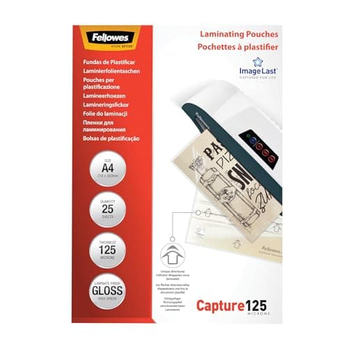 Image of Fellowes A4 Laminating Pouches - Gloss Finish - 25 Sheets, 250 Micron (2x125) Clear & Durable Laminating Pouch with Image Last Directional Mark - Ideal for Photos, Notices and Everyday Use