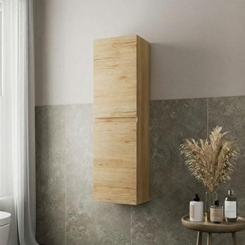Image of Artis® Centro 1200 x 350mm Wall Mounted Tall Bathroom Cabinet Wall Hung Tall Boy Unit 2 Door Bathroom Furniture Storage Cupboard Tallboy, Soft Close Doors, Oak