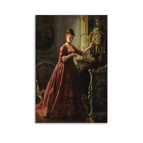 Image of Alfred Stevens Winding The Mantle Clock (circa 1875-1880) Realism Wall Art Print Featuring A Woman And Antique Clock Wall Art Picture Painting Canvas Prints Artworks Bedroom Living Room Decor Unframe