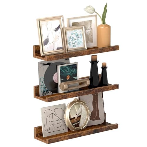 Image of VASAGLE Hanging Wall Shelves, Set of 3, Floating Shelves, 38 cm Length, with High Edges, for Picture Frames, Decoration, Spices, for Kitchen, Living Room, Rustic Brown LWS037X01